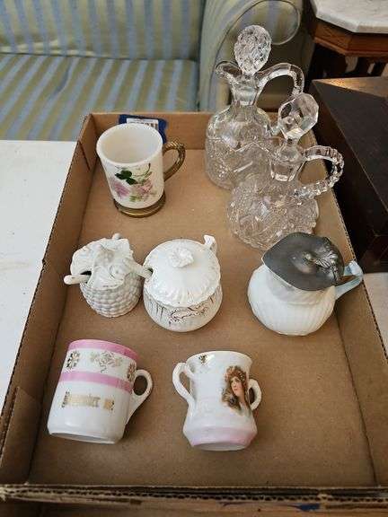Child’s cups porcelain & milk glass, Two EAPG cruets, pewter top syrup pitcher, two porcelain mustard jars w/ porcelain spoons