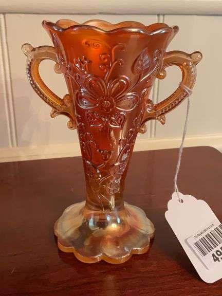 Mary Ann pattern marigold carnival glass handled vase