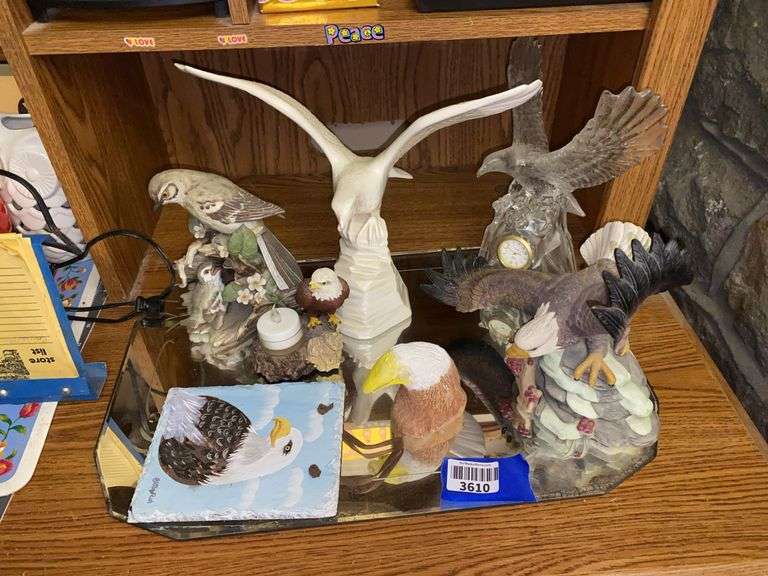 Eagle figurines, clock and plaque, bird figure group, mirror