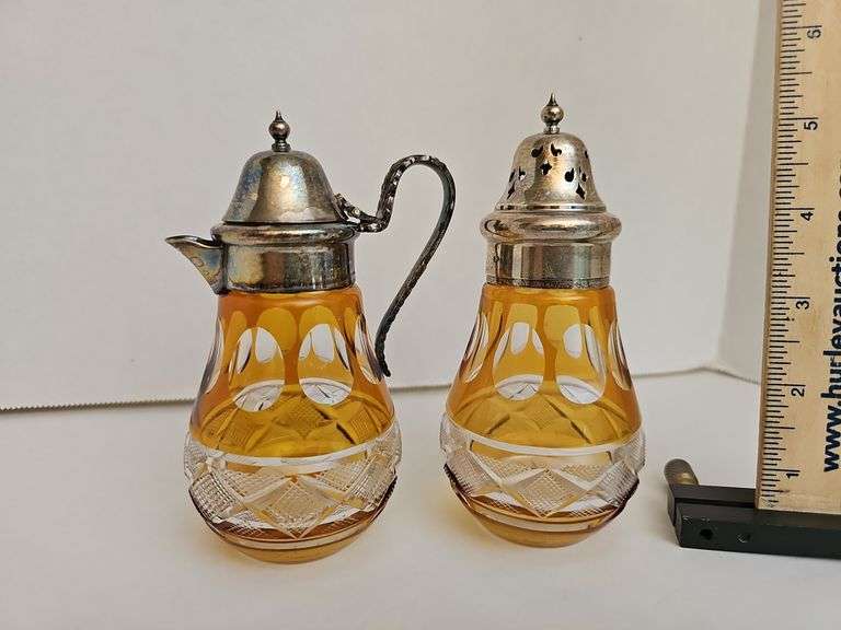 Amber cut to clear glass syrup pitcher and sugar shaker w/ silverplated tops