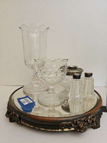 Antique Ornate Victorian Footed Table Mirror Plateau, Two EAPG Honeycomb Pattern celery holder & footed condiment, EAPG Victorian dresser hair receiver, EAPG salt & pepper