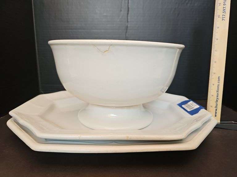 White Ironstone China - two matching platters, large fruit bowl repaired