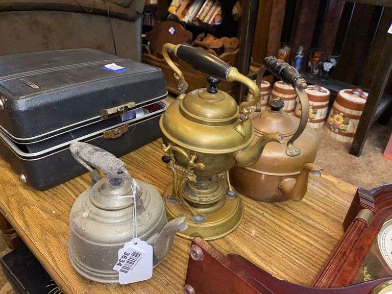 Brass tilting teakettle on warming stand, copper teakettle, small teakettle