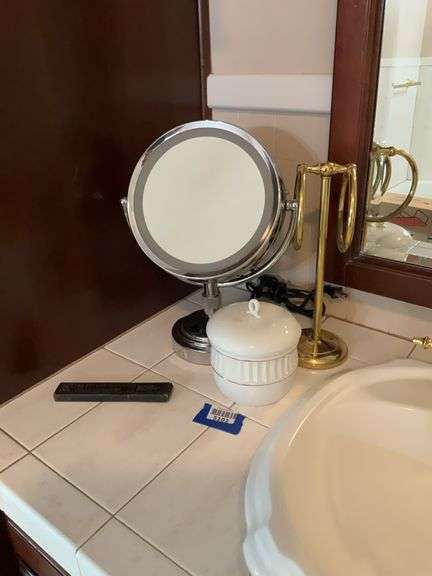 Vanity Razor Antique straight razor in box, vanity mirror, brass towel stand, vanity ...