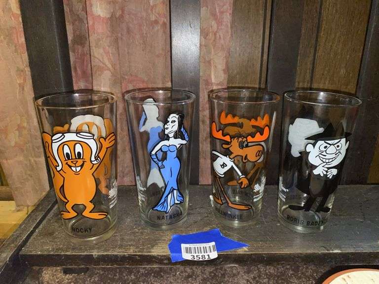 Four Rocky and Bullwinkle decorated glasses