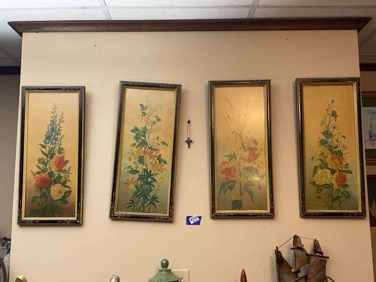 Set of four Victorian floral prints, framed