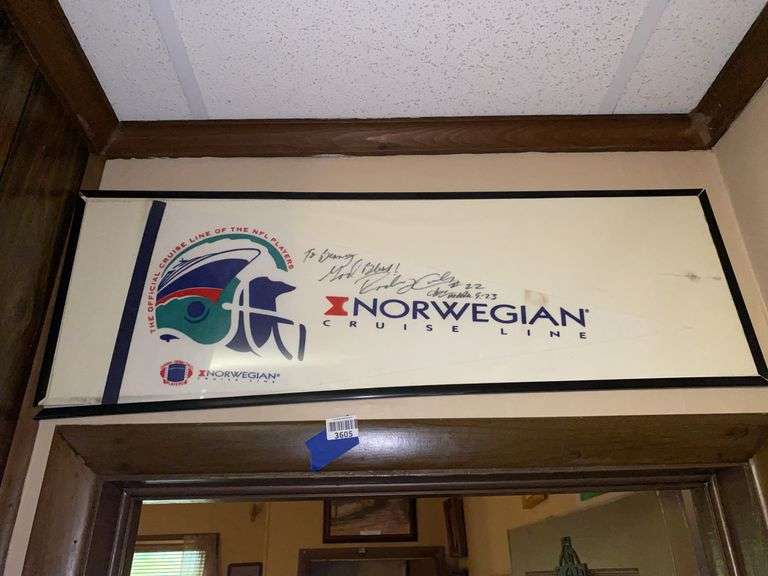 Signed NFL Norwegian Cruise Lines pennant, framed