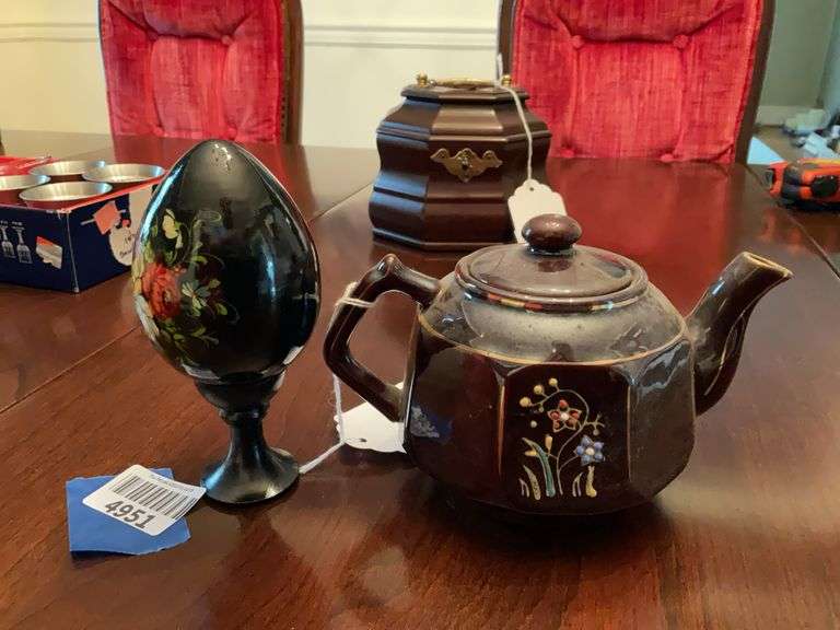 Russian painted egg on stand, decorated brown glazed pottery teapot