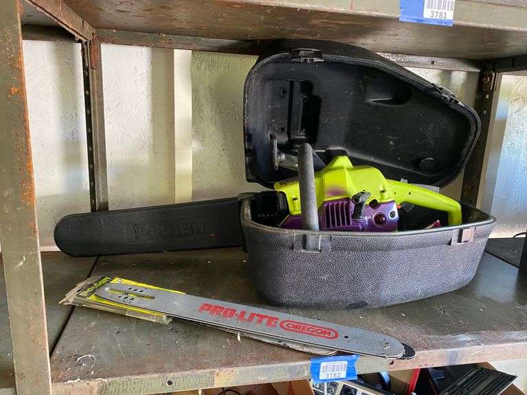 Contents of shelf: Poulan Wild Thing 18" chainsaw w/ case