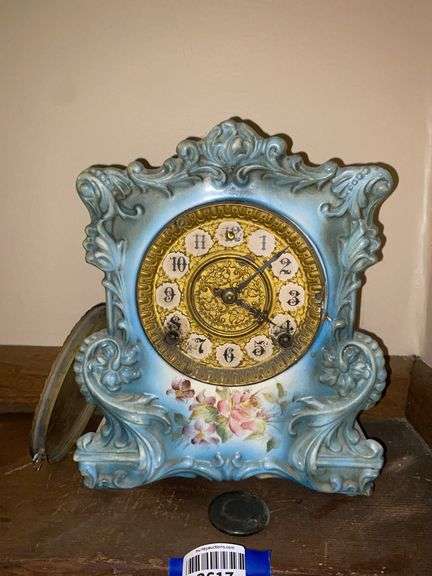 Gilbert china case shelf clock, blue w/ floral decor, No.430 - note damaged hinge