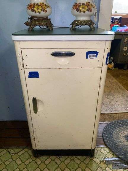 Vintage base cabinet w/ white enamel top and drawer,  protective glass top - no contents 20x16x36