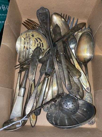 Mother-of-pearl handled server w/ Sterling ferrule, and remaining lot of plated flatware