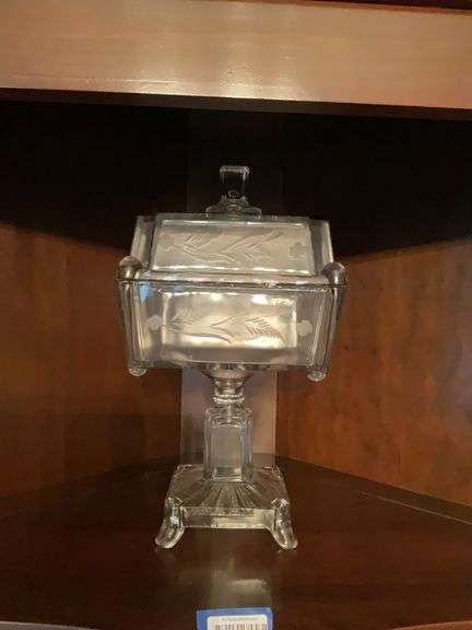 Square pressed pattern glass covered compote w/ engraved design