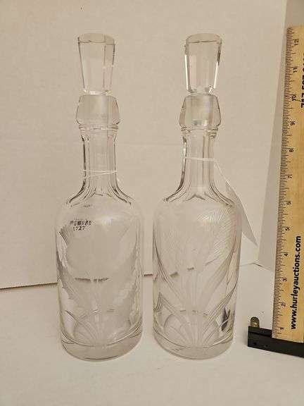 Pair of Matching Etched Wine Decanters