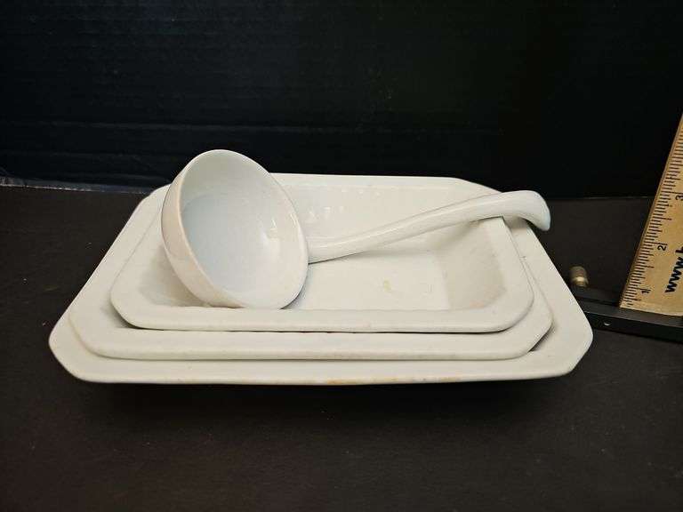 White Ironstone China - Set of three serving dishes & ladle