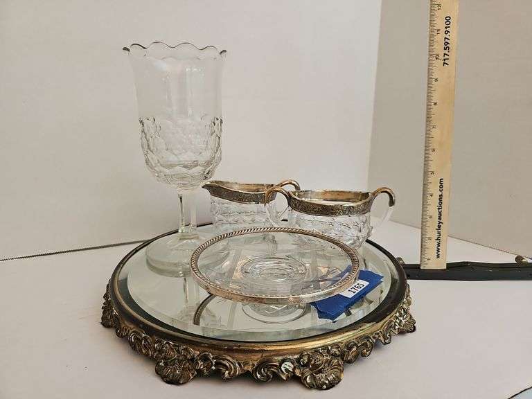 Ornate table mirror plateau, sterling rim mid sugar & creamer, small hors D’oeuvre stand, EAPG Honeycomb pattern celery holder
