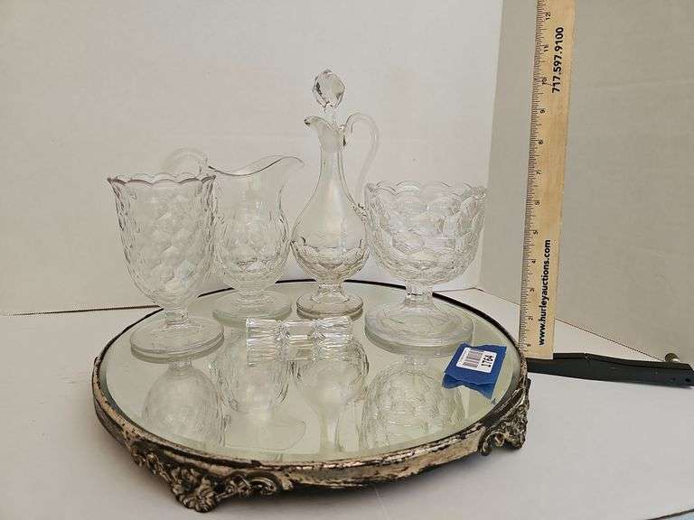 Ornate table mirror plateau w/ EAPG Honeycomb pattern to include cruet, two footed creamer & condiment dish. Cut glass knife rest