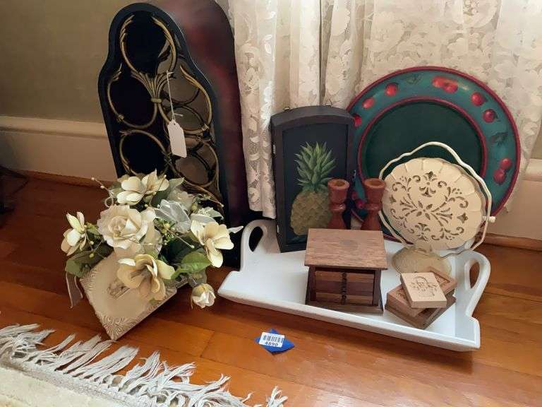 Wine bottle rack, wooden cookie molds and decor items, coaster set, faux flowers