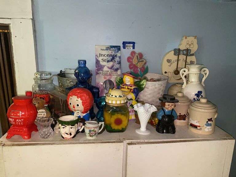 Figural banks, milk glass hobnail vase, decor items, wax tarts, misc