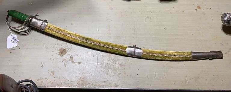 Sword w/ etched blade, velvet scabbard, Made in India