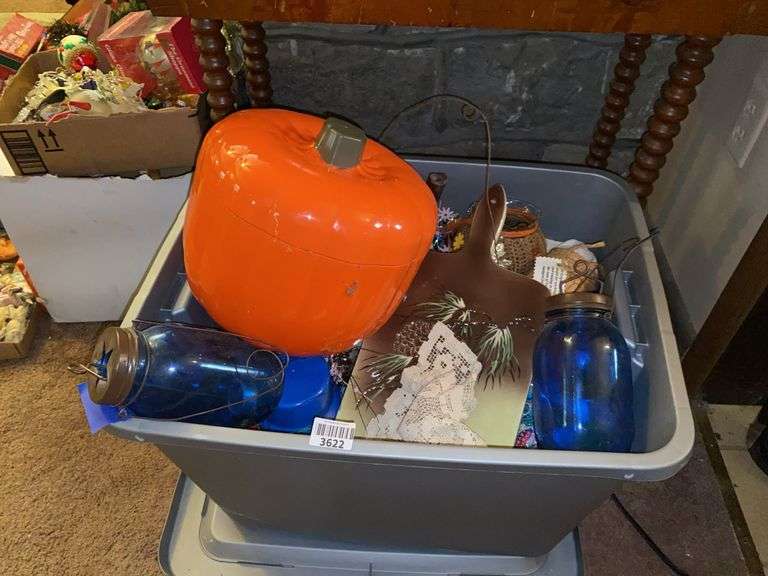 Pumpkin canister and tote of decor items