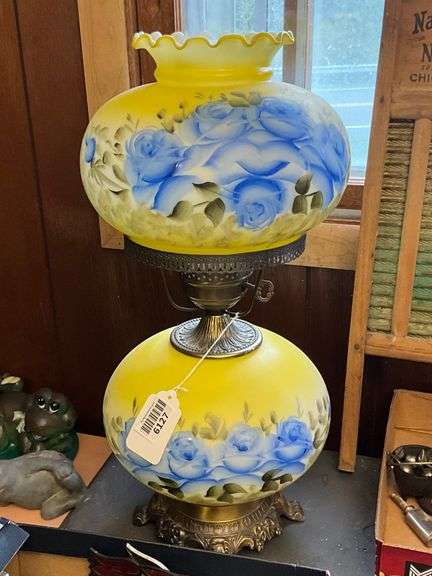 Electric parlor lamp w/ handpainted blue roses on yellow ground