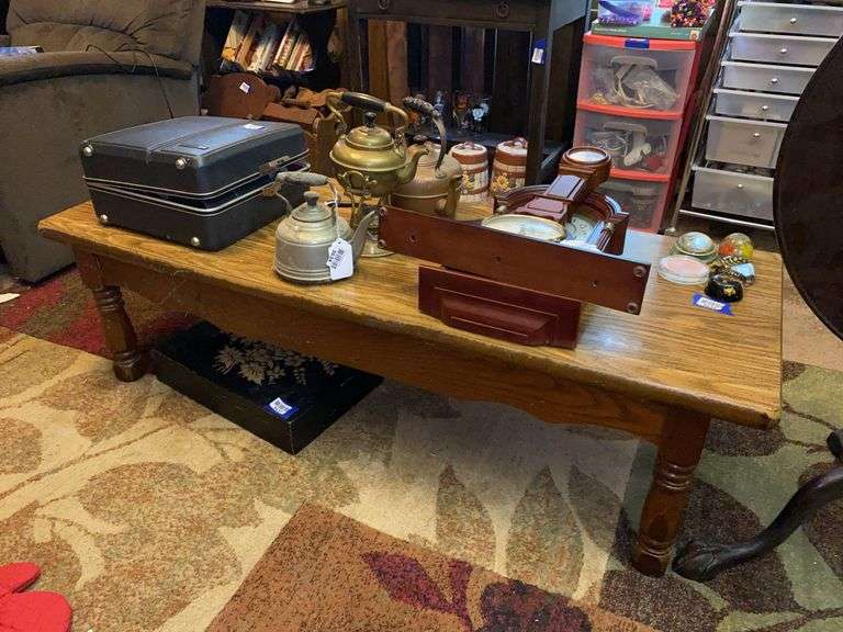 Oak finish coffee table w/ drawer - no contents 53.5x19.5x15