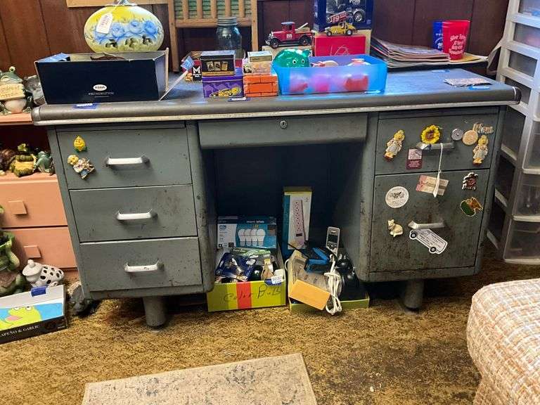 Vintage metal office desk w/ contents of drawers - no top contents 52x24x30