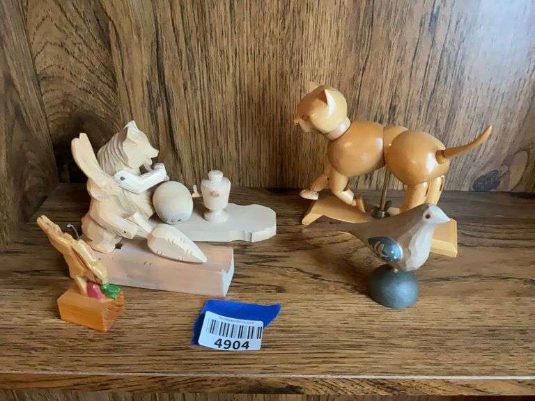 Russian carved animated folk toys, jointed cat, rabbit and bird figures
