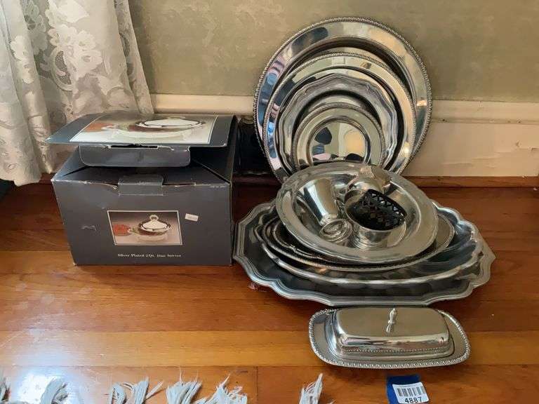 Plated serving dish, butter dish and trays lot