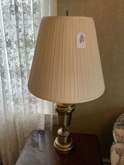 Brass tone table lamp w/ pleated fabric shade