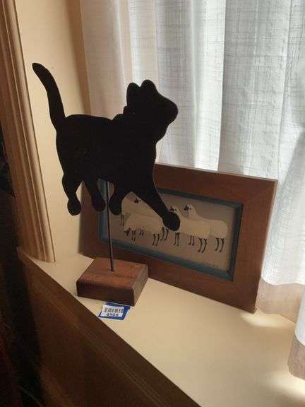 Cat silhouette cutout and folk sheep plaque
