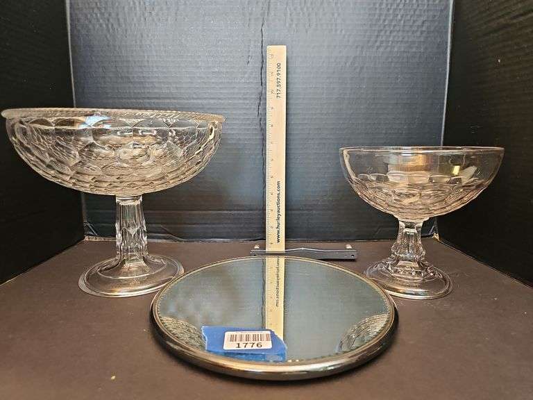 Ornate table mirror plateau & two Flint EAPG Honeycomb Pattern Compotes