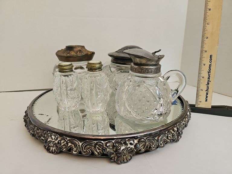 Antique Ornate Victorian Table Mirror Plateau. EAPG: Honeycomb pattern dresser hair receiver, salt & pepper shakers & nickel silver top syrup pitcher
