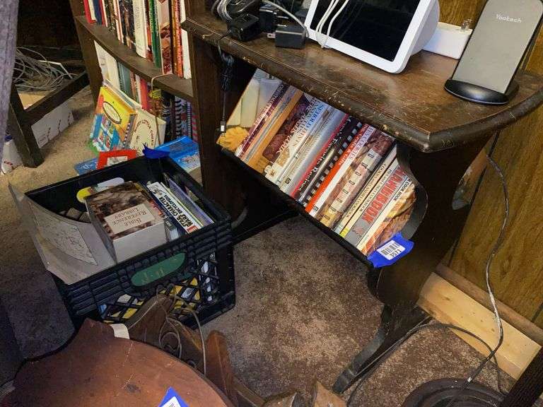 Library stand w/ book rack base and book contents, and plastic crate of books - no top contents