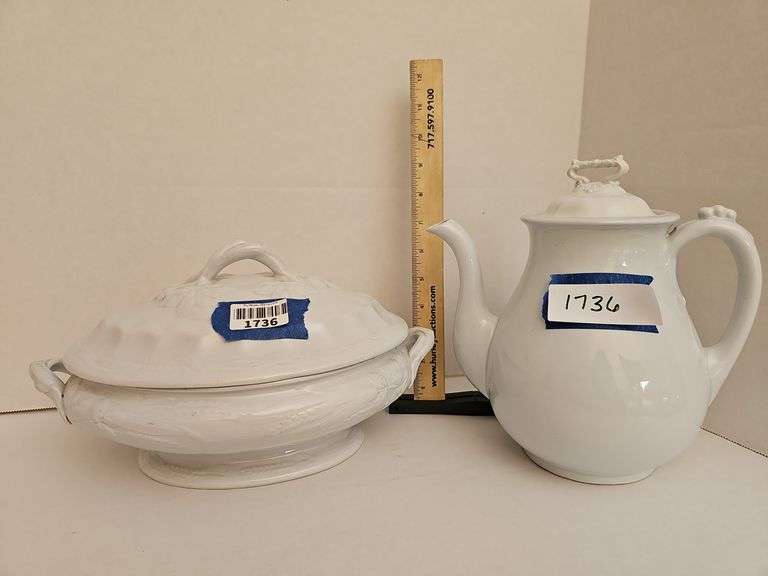White Ironstone China Wheat pattern covered vegetable dish & coffeepot