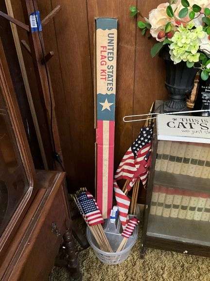 US flag kit and stick flags lot in plastic bucket