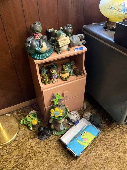 Wooden end stand and frog figurine and decor items collection