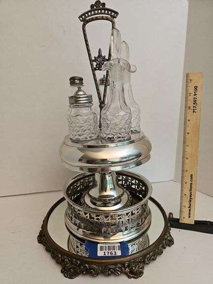 EAPG - Victorian Table Castor Honeycomb Pattern, ornate mirror plateau, silver plate wine holder