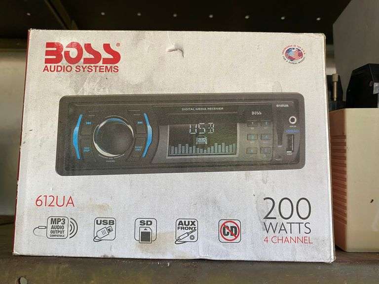 Boss digital media receiver in box, tool caddy, paperback books, auto mirrors, scanners, misc