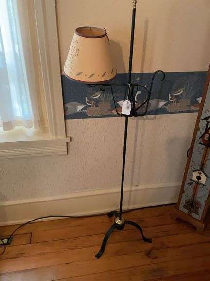Wrought iron floor lamp w/ stenciled paper shade