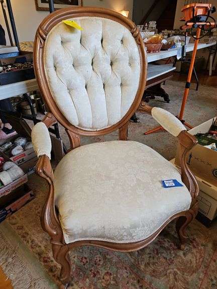 Rococo Revival open arm chair in damask upholstery w/ tufted back