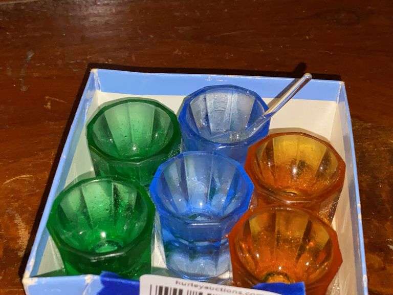 Blue/amber/green colored glass salt dip set w/ glass salt spoons