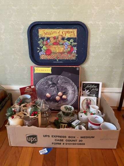 Christmas candles, decor and serving pcs, holly china, mugs, misc