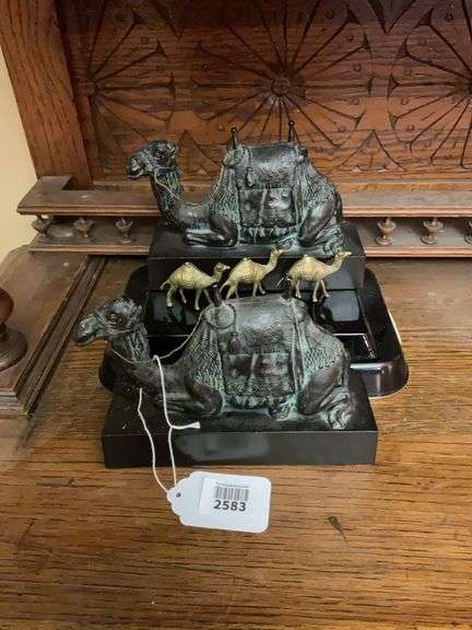 Pair of seated camel bookends and tray with walking camels - Hurley ...