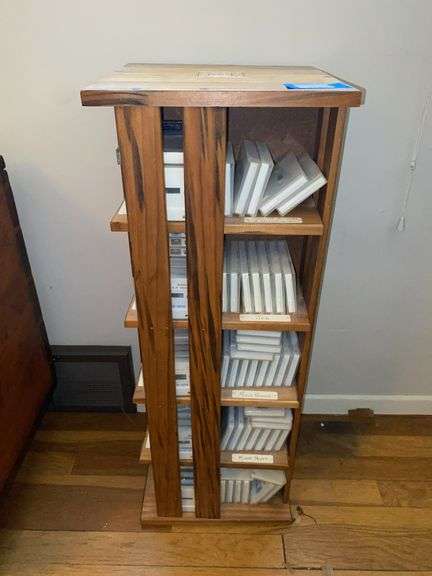 Bible Track Rack Swivel book rack stamped Napa Valley Co w/ VHS Bible chapters 11x11x29 ...