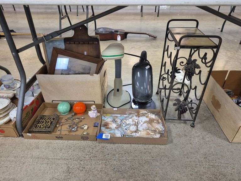 Wine rack, desk lamps, souvenir spoons, Fiesta salt/pepper shakers ...