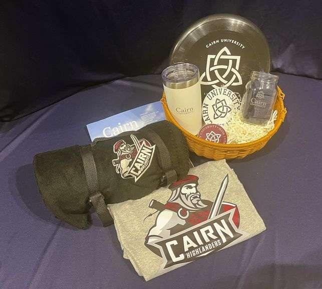 Cairn University Merch Basket - Includes Size L T-Shirt, 50" x 60" Fleece Blanket with Carrying Strap, Frisbee, Travel Tumbler, Etched Pint Jar, (2) Magnets, Sticker