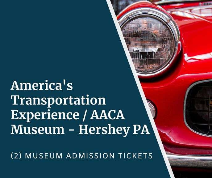 America's Transportation Experience / AACA Museum - Hershey - (2) Museum Admission Tickets - Explore America’s ingenuity and innovation at this automotive heritage museum displayed through featured and interactive exhibits on three levels - Visit atexpa.org to see the current, upcoming, and permanent exhibits - Upcoming exhibits include Route 66 Centennial; Nash, Chrysler Imperial, American Muscle: Red, White, Blue in addition to the permanent exhibits - No Expiration Date - Value $32