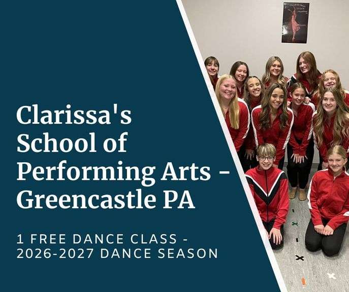 Clarissa's School of Performing Arts - Greencastle - Gift Certificate for (1) Free Dance Class for the 2026-2027 Season (weekly class from Sept 2026 thru June 2027) - Expires 09/2027 - Up to $378 Value